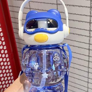 Cute Children's Water Bottle, Summer, Girls/Boys School-Specific Strap Portable Cup, High-Capacity Plastic Flask With Straw Royal Blue