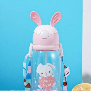 1pc600ml Summer Cute Rabbit Children's Water Cup Straw Cup Students Carry Kindergarten Water Bottle 1-3 Years Old Baby Drink Cup Pink