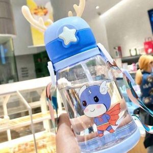 1pc600ml Children's Water Bottle Kindergarten, Primary School, Baby Antler Bottle Mermaid With Straw Drop Proof Cup (Cup Straps And Antlers Need To Be Installed By Yourself) Blue