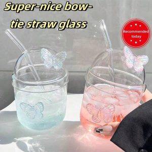1pc Bowknot Glass Cup, Beautiful Drinking Cup With Straw, Household Water Glass Multicolor