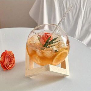 1 Set Of 3pcs Minimalist Artistic Transparent Spherical Cups With Straws And Wooden Holder, Large Capacity Drinking/Juice Cups - Lunar Ball Glass Cups Water Cup