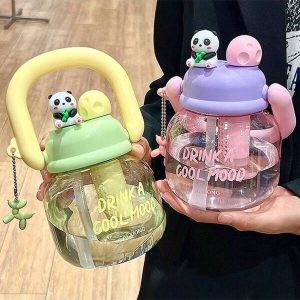 1PC New Cute Handle, Carrying Kettle, Straw Water Cup, High Appearance, Large Capacity Water Cup With Tea Compartment, Suitable For Various Flower Tea, Juice Water Cup, Student Water Cup, Outdoor Sports And Fitness Water Cup, Cute Water Bottle For Girls Multicolor